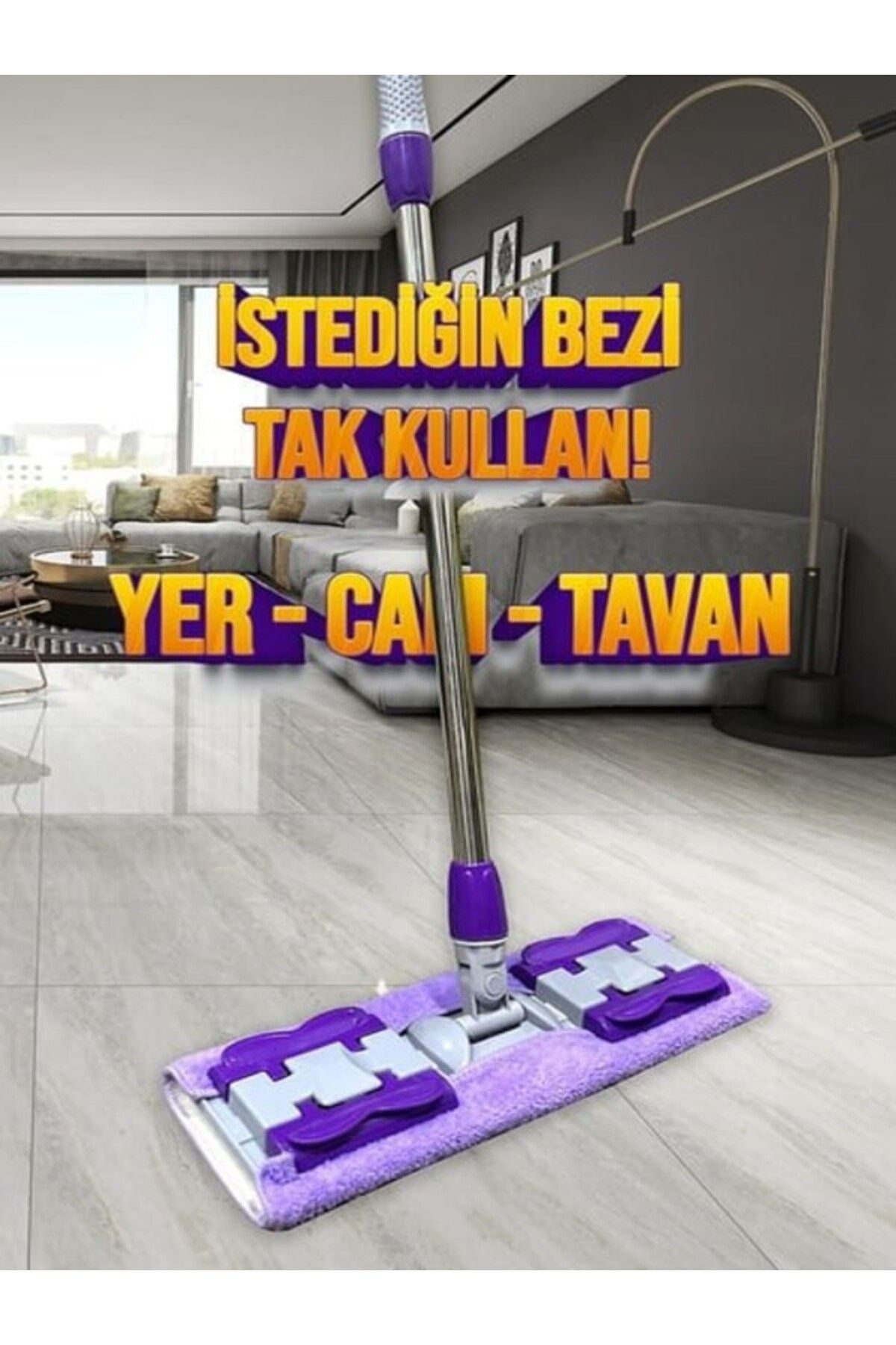 Anında Kapımda | Mandallı Mikrofiber Mop – Yer, Fayans, Duvar ve Yüzey Temizlik Mopu + 1 Yedek Bez (Mor)