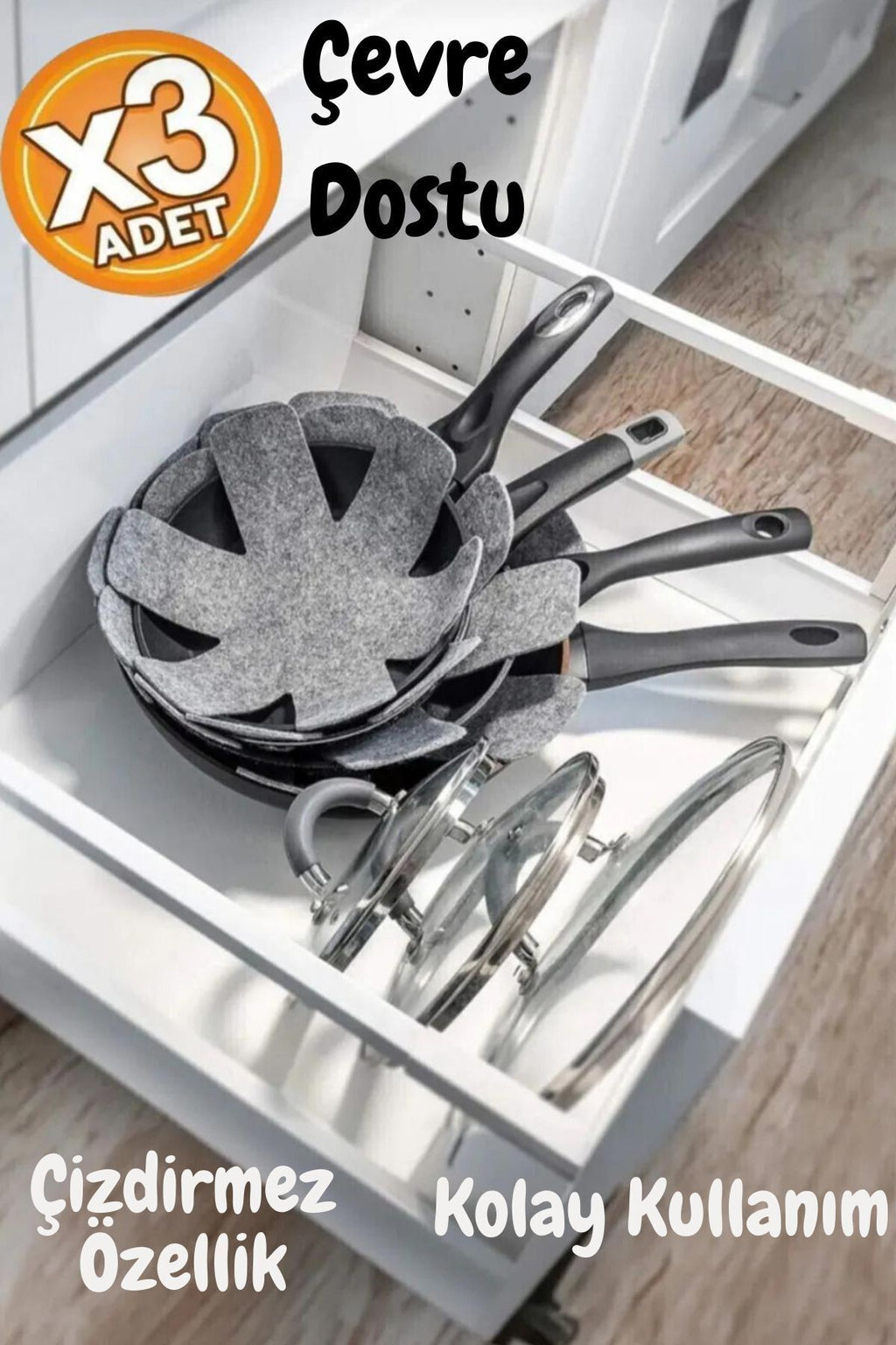 Anında Kapımda | 3’lü Tava, Tencere ve Borcam Koruyucu Çizdirmez Elyaf Keçe 30x30