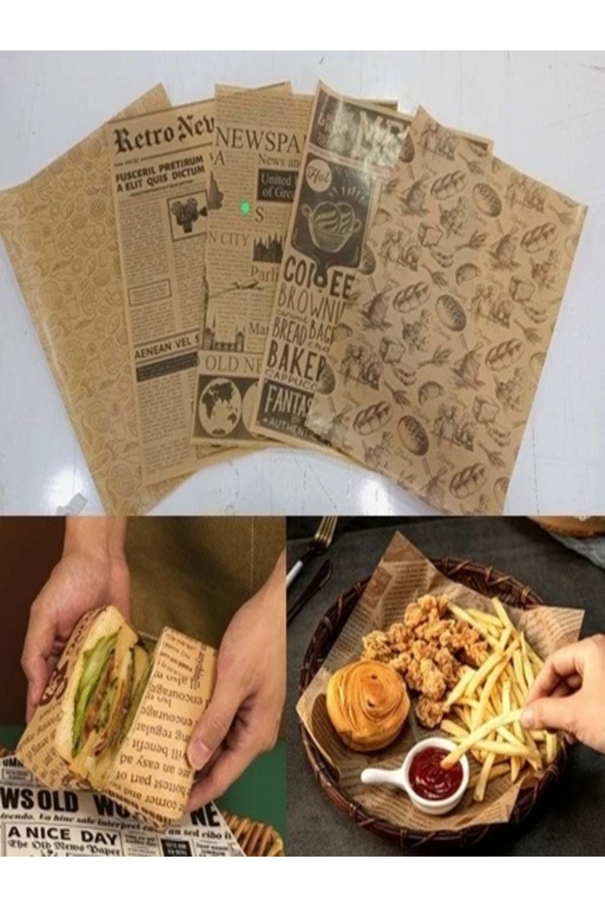 Anında Kapımda | 50’li Vintage Gazete Desenli Yağlı Kağıt – Kendinden Desenli Mutfak Sunum ve Pişirme Kağıdı